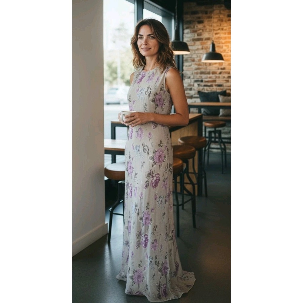Paradis Cottagecore Floral Sleeveless Maxi Dress Beige Purple Roses Womens SZ M